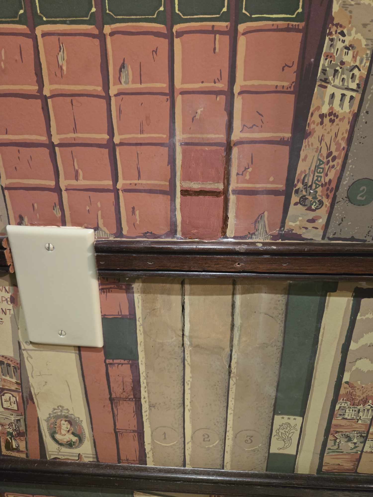 Wall Damage Repair with Bookshelf Wallpaper Makeover image