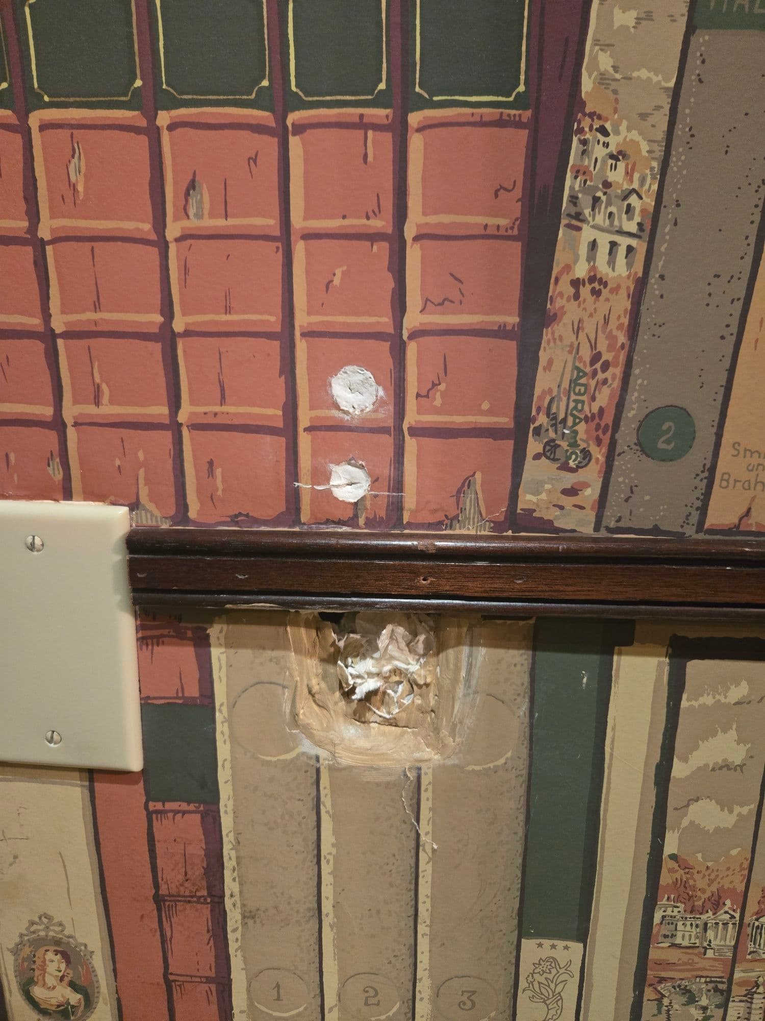 Gallery photos for Wall Damage Repair with Bookshelf Wallpaper Makeover: Image #1