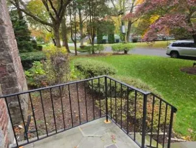 View from a porch with black railing, overlooking a green lawn, shrubs, trees, and a parked car on the street.